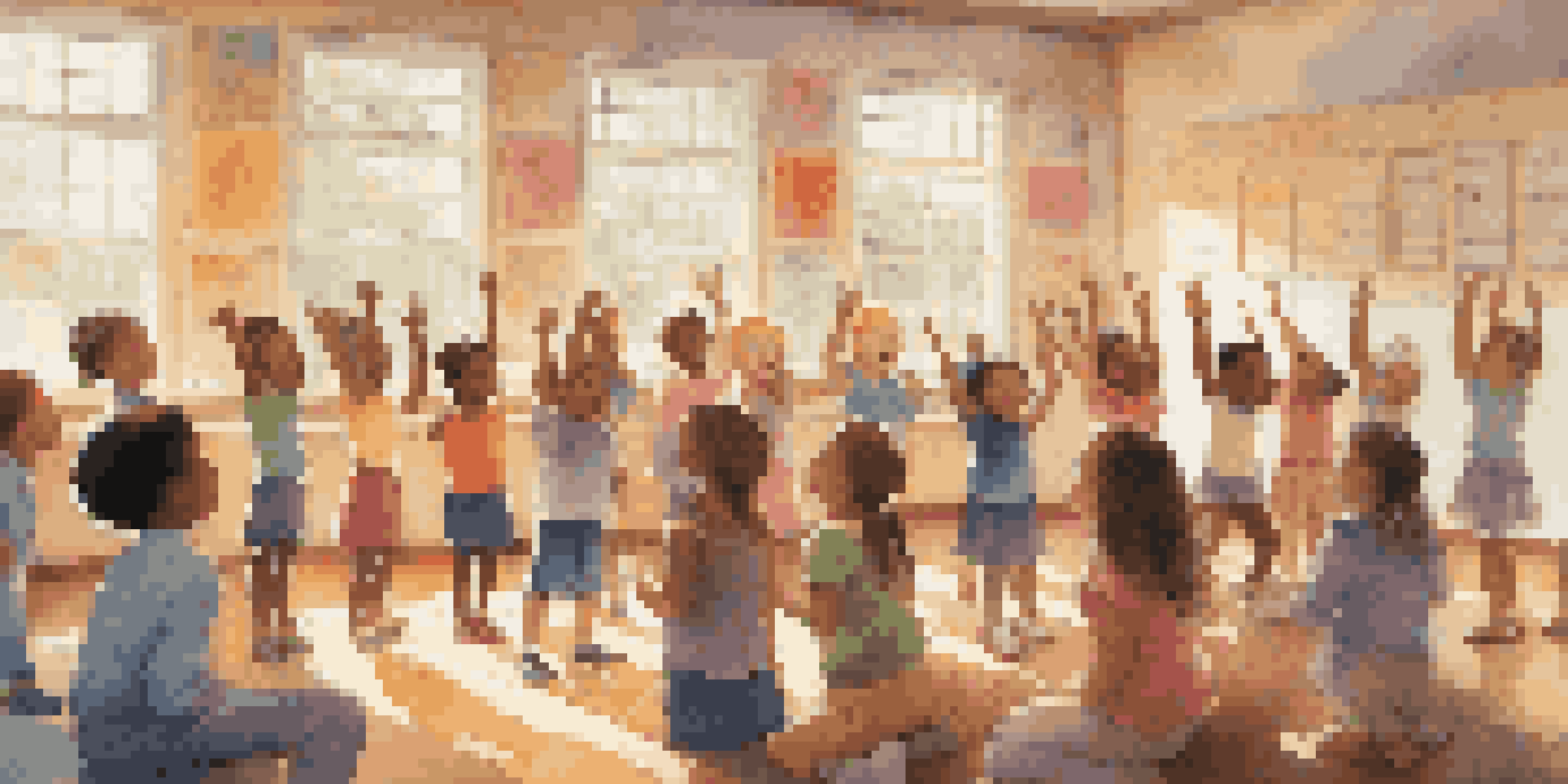 A lively classroom with children practicing vocal warm-ups, filled with colorful musical posters and sunlight streaming in.