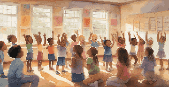 A lively classroom with children practicing vocal warm-ups, filled with colorful musical posters and sunlight streaming in.