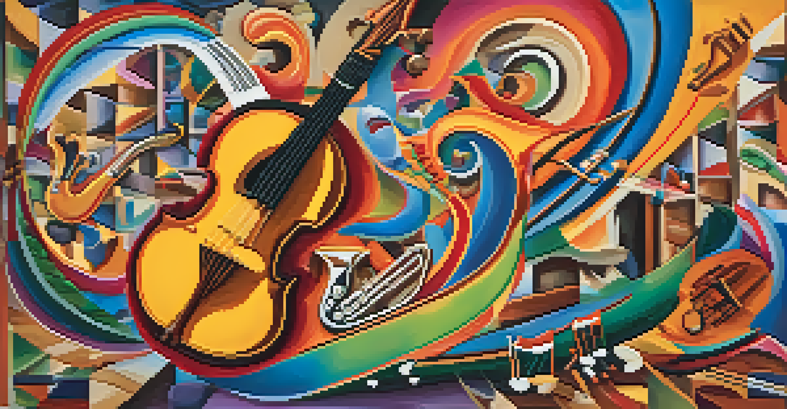 An abstract image showing musical notes and instruments from various cultures, vibrant colors representing diversity in music.