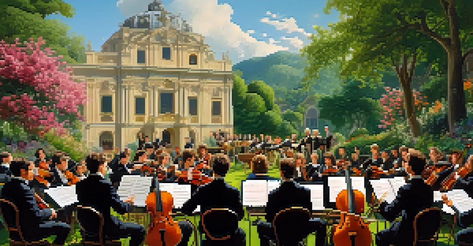 A Baroque orchestra performing in a beautiful garden, with musicians arranged in a semi-circle and a conductor leading them, surrounded by flowers and greenery.