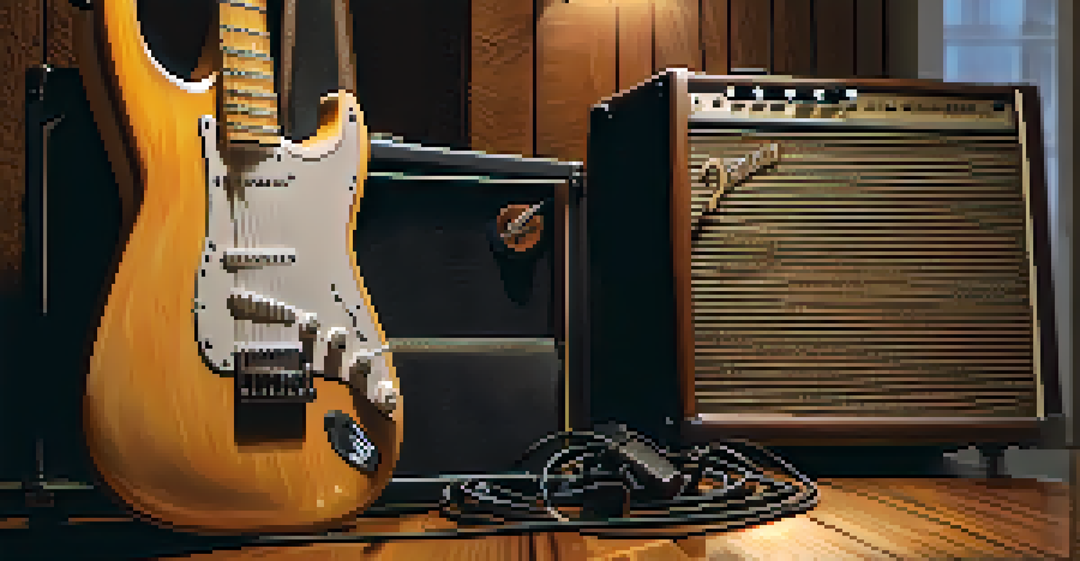 A close-up of an electric guitar against a vintage amplifier, softly lit, with a blurred band performing in the background.