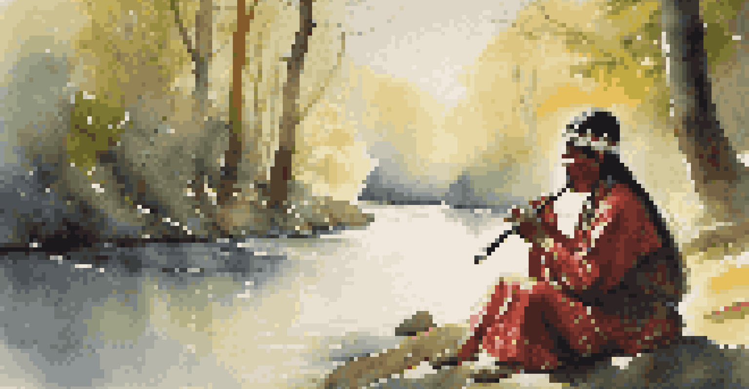 An Indigenous musician playing a flute in a serene natural setting, surrounded by trees and sunlight.