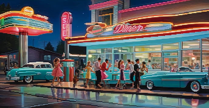 A lively 1950s diner filled with teenagers enjoying food and dancing, illuminated by neon lights and a jukebox playing music.