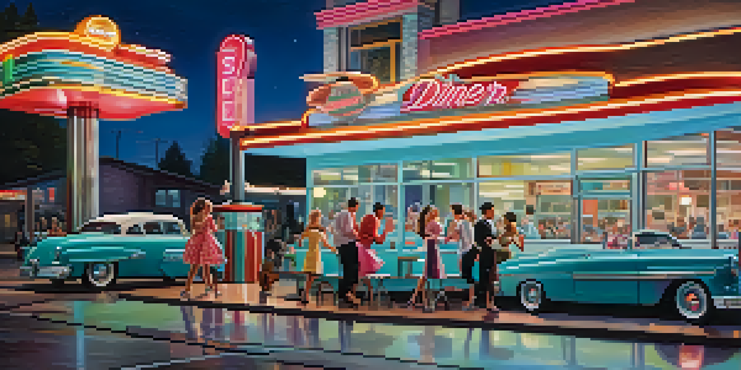 A lively 1950s diner filled with teenagers enjoying food and dancing, illuminated by neon lights and a jukebox playing music.