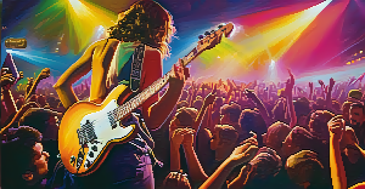 A musician performing with an electric guitar on stage, surrounded by colorful lights and a lively audience.