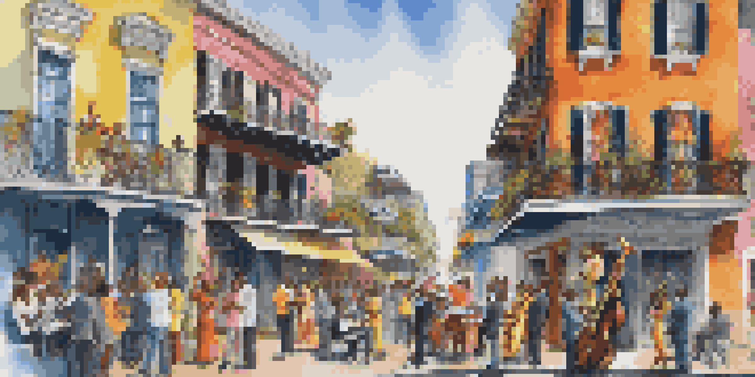 A jazz band playing in a colorful New Orleans street, featuring a trumpet player and saxophonist, with people enjoying the scene.