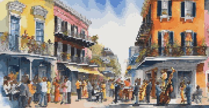 A jazz band playing in a colorful New Orleans street, featuring a trumpet player and saxophonist, with people enjoying the scene.