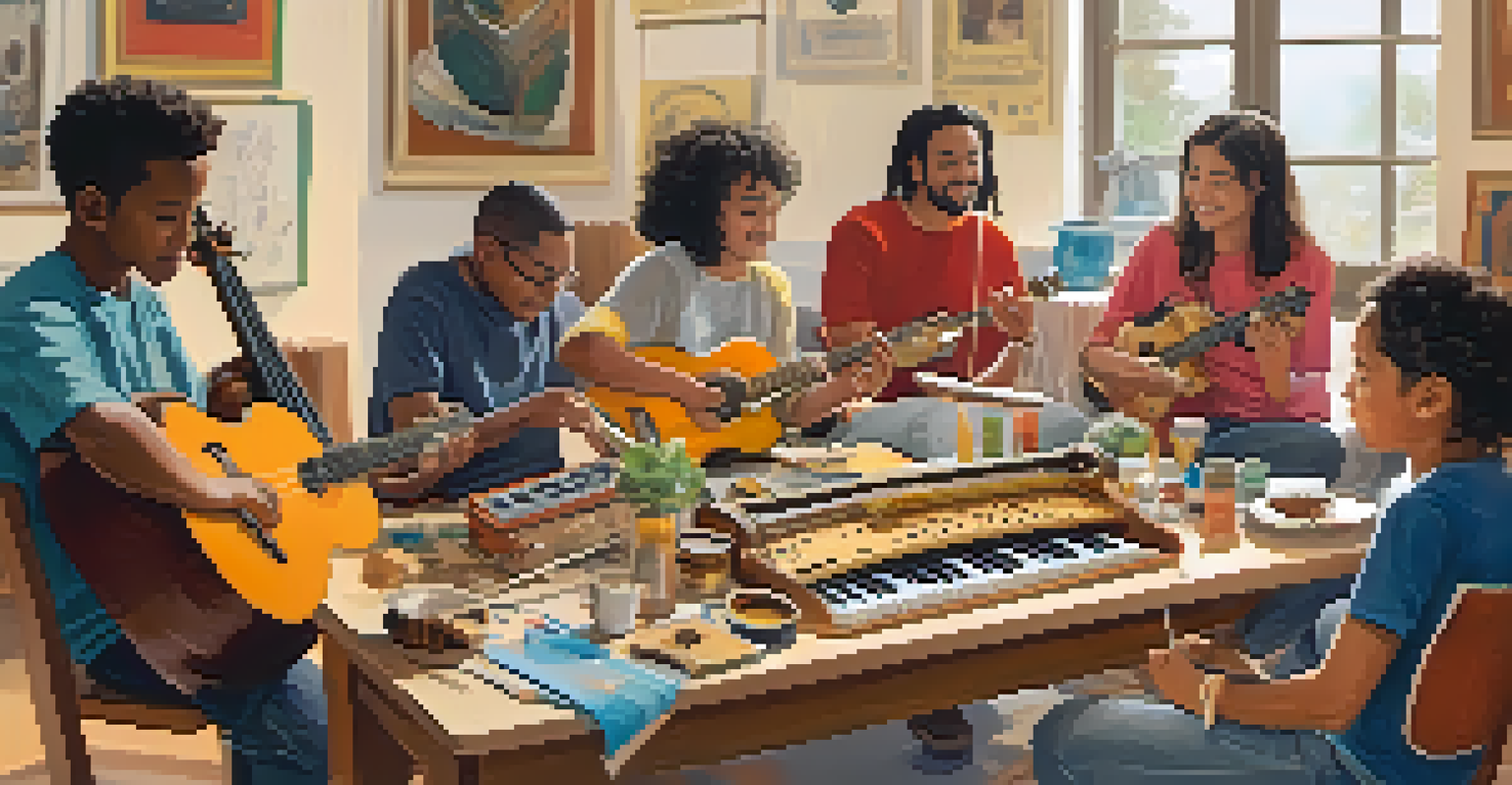 A diverse group of individuals in a music-making workshop, engaging with instruments and sharing ideas in a bright, inviting room.