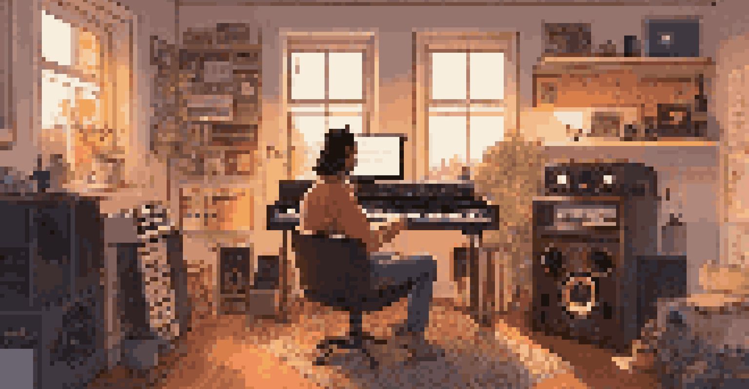 An artist working in a home studio filled with music production equipment, vinyl records, and warm natural light.