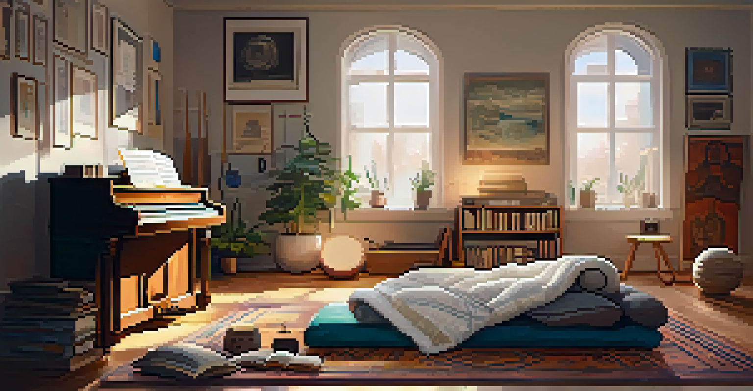A person relaxing with headphones in a cozy room filled with musical instruments and soft lighting.