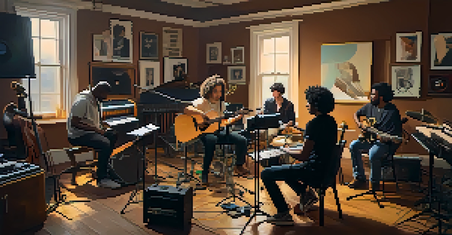 A diverse group of musicians collaborating in a studio, discussing music creation with instruments and sheets of lyrics around them, in warm light.
