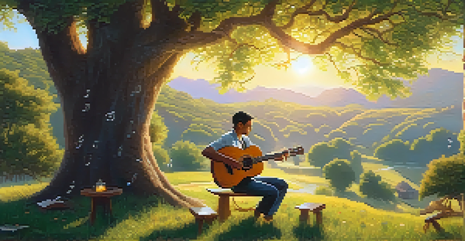 A musician playing guitar under a tree, with musical notes flowing around, in a golden hour sunlight.