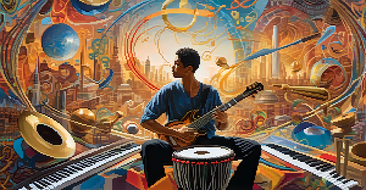 A musician blending traditional and modern instruments with swirling musical notes and iconic landmarks in the background.