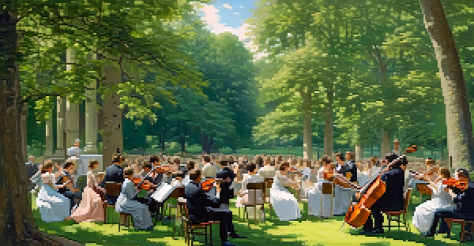 A grand symphony orchestra performing in a park, surrounded by an audience and blooming flowers.
