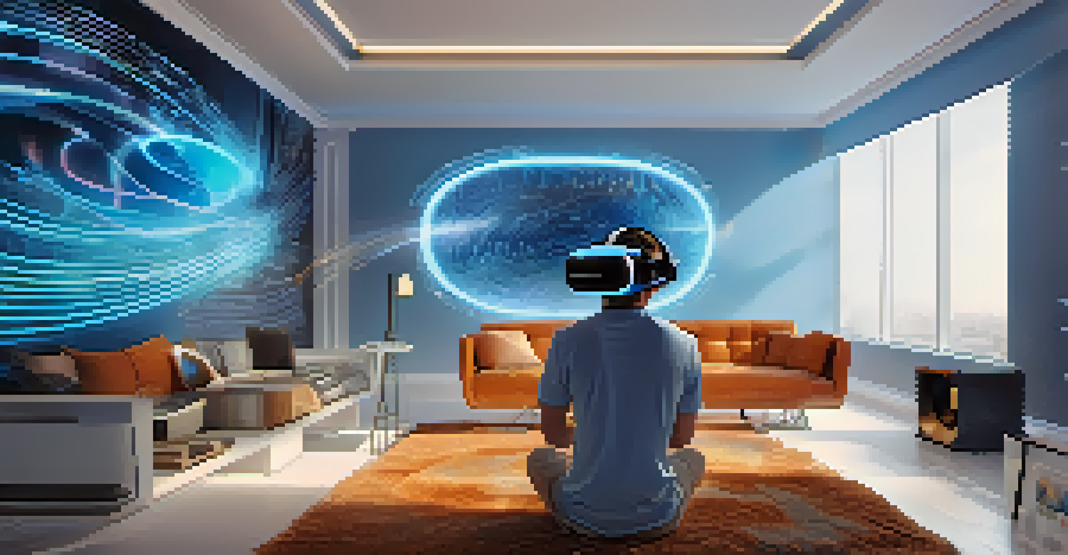 A person in a modern living room using virtual reality goggles, surrounded by visual sound waves and notes.