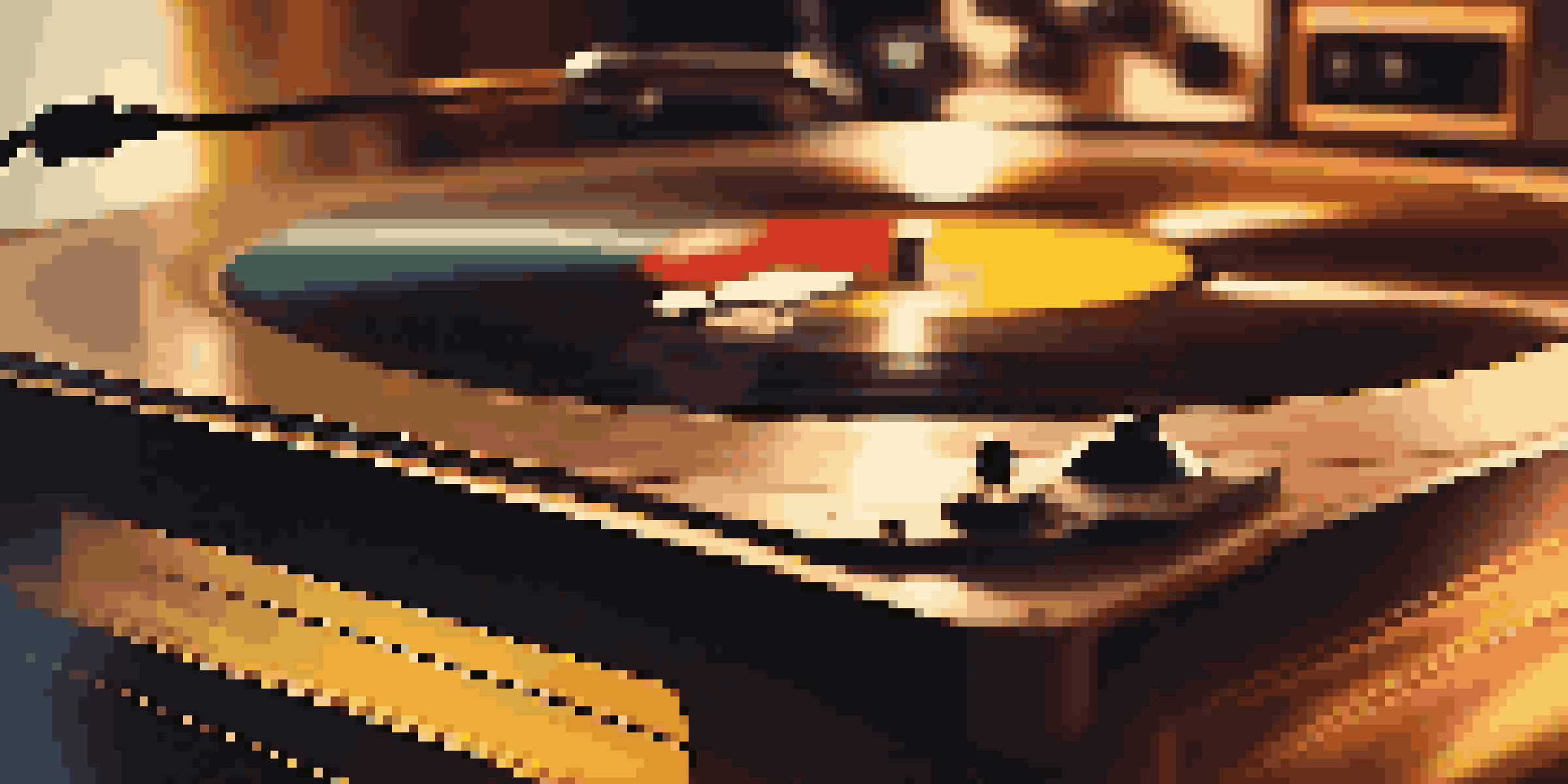 A close-up view of a vintage vinyl record on a turntable, with warm light highlighting the record's grooves, surrounded by blurred music notes and instruments.