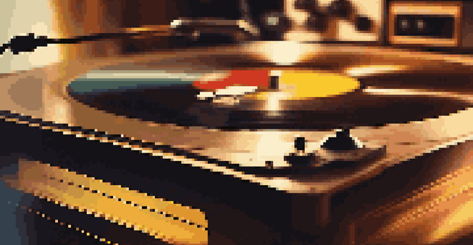 A close-up view of a vintage vinyl record on a turntable, with warm light highlighting the record's grooves, surrounded by blurred music notes and instruments.