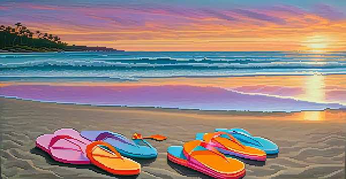 A tranquil beach at sunset with colorful skies and waves, featuring flip-flops and a towel on the sand.