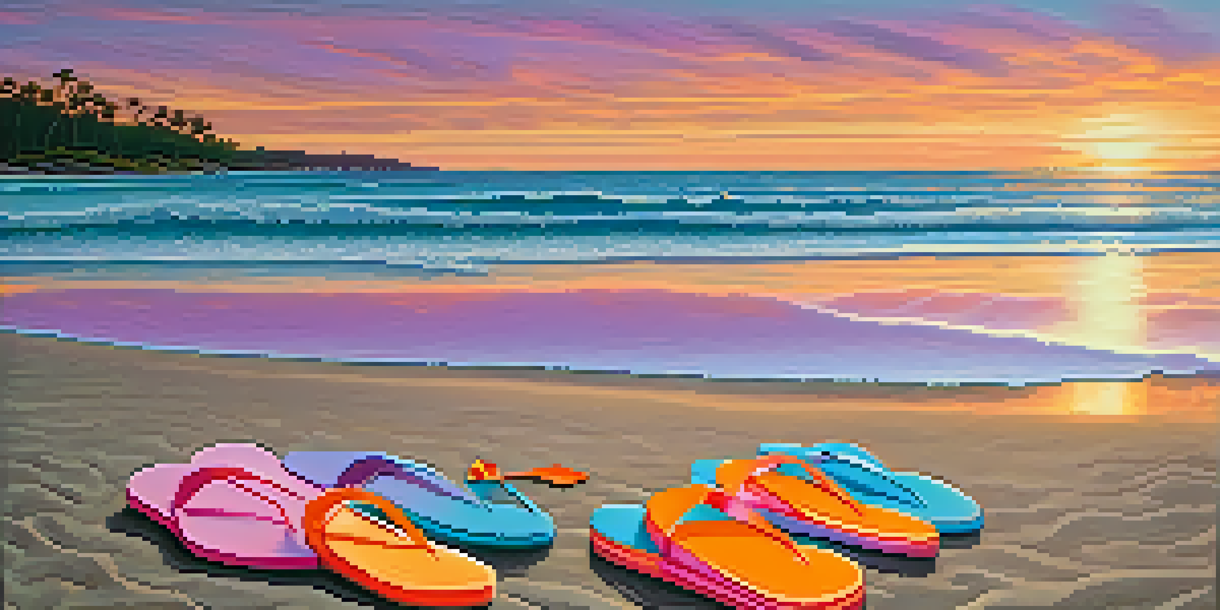 A tranquil beach at sunset with colorful skies and waves, featuring flip-flops and a towel on the sand.