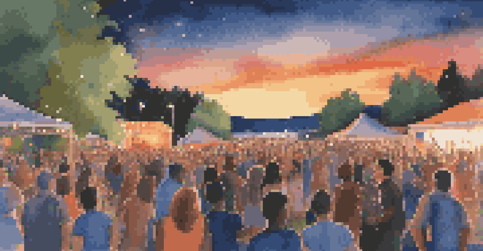 A lively outdoor concert with a crowd enjoying music under a colorful sky at dusk.