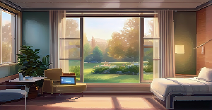 A hospital room with a patient resting and listening to music, featuring calming decor and a view of a garden.