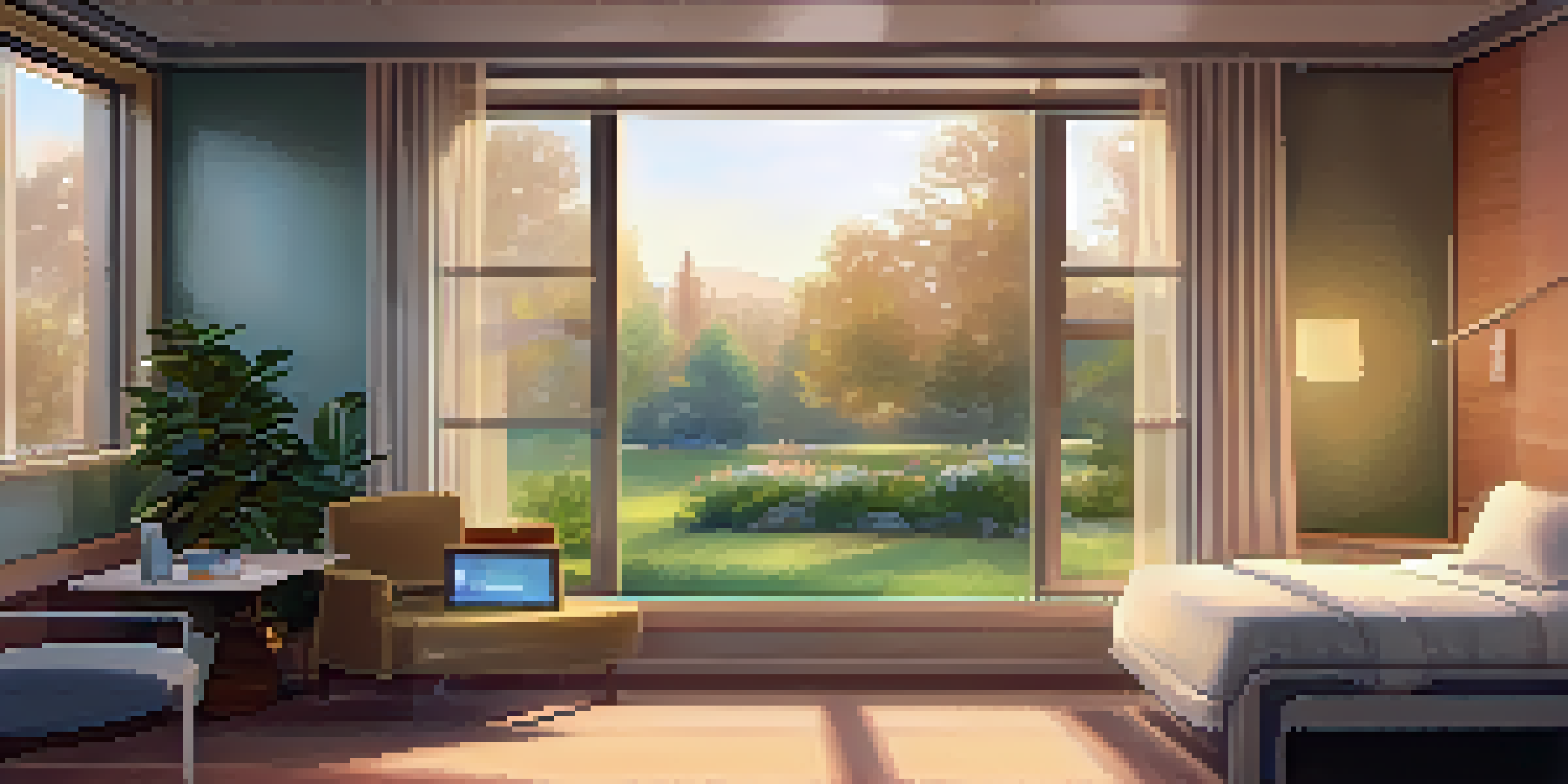 A hospital room with a patient resting and listening to music, featuring calming decor and a view of a garden.