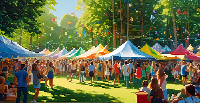 A lively outdoor music festival in a green park with colorful tents and a dancing crowd, illuminated by sunlight through the trees.