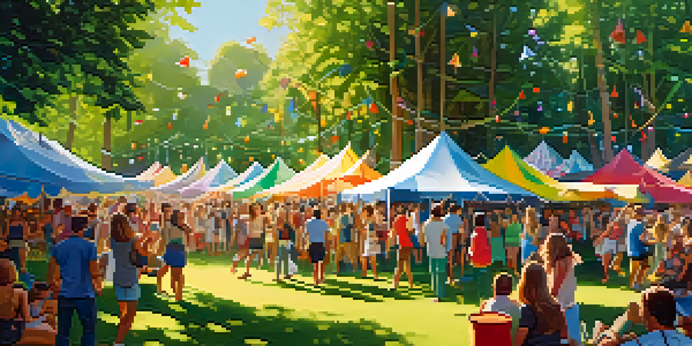 A lively outdoor music festival in a green park with colorful tents and a dancing crowd, illuminated by sunlight through the trees.