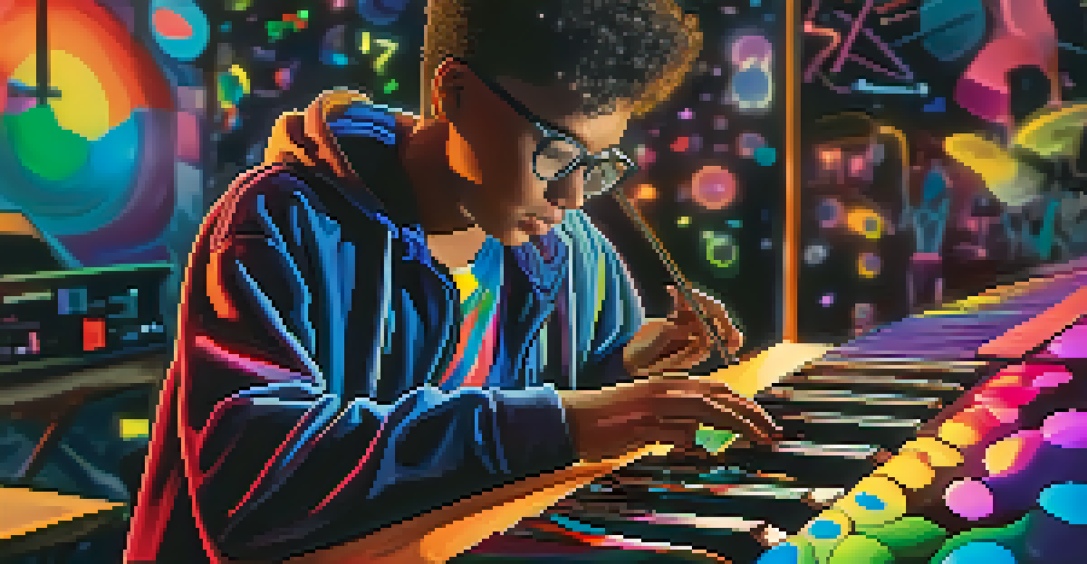 A student joyfully creating music on a digital instrument, immersed in colorful visuals that reflect various music styles, showcasing their personal expression.