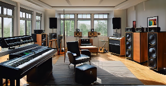 A modern music studio with recording equipment and natural light, showcasing soundproofing panels and a warm atmosphere.