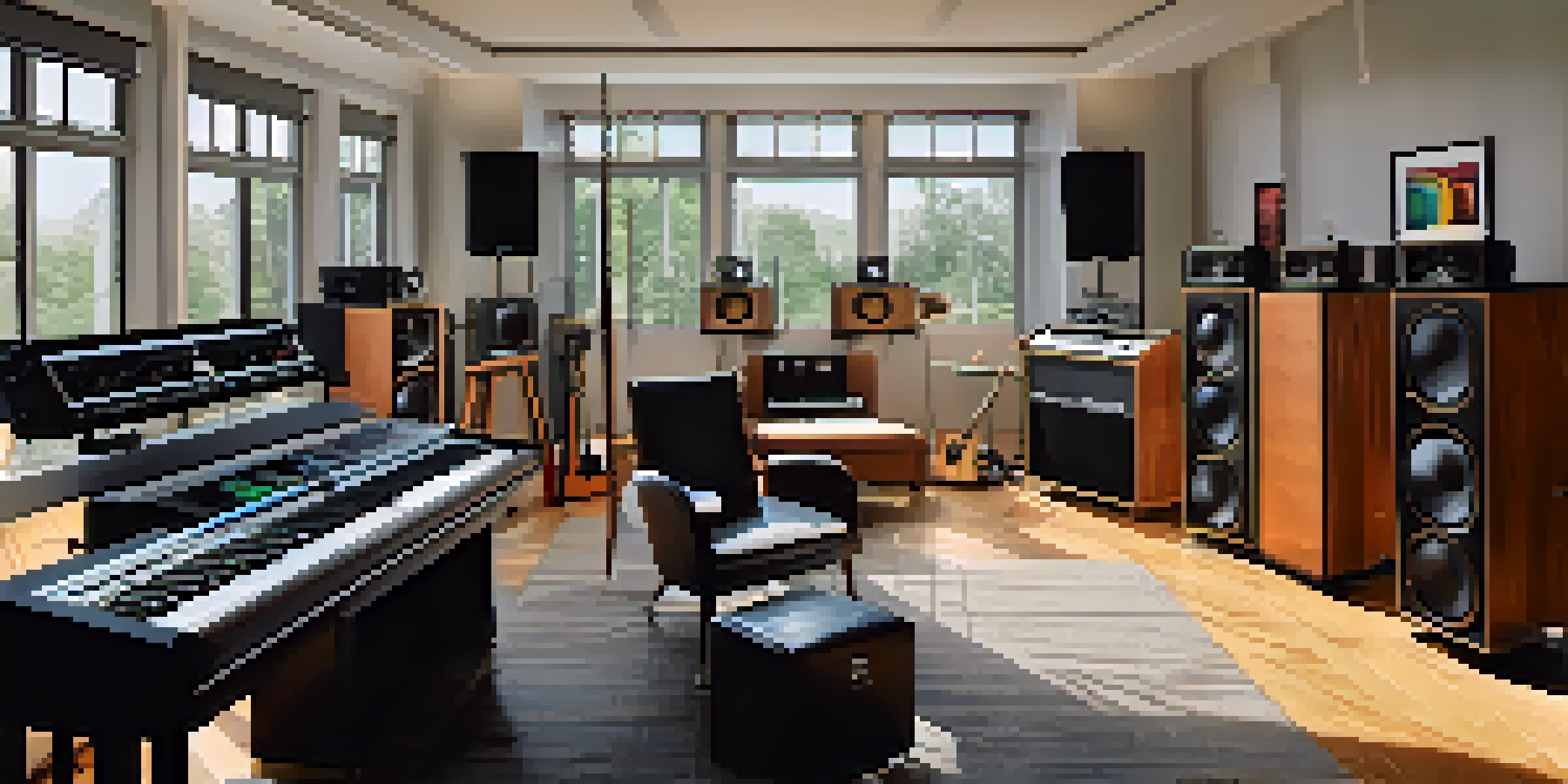 A modern music studio with recording equipment and natural light, showcasing soundproofing panels and a warm atmosphere.
