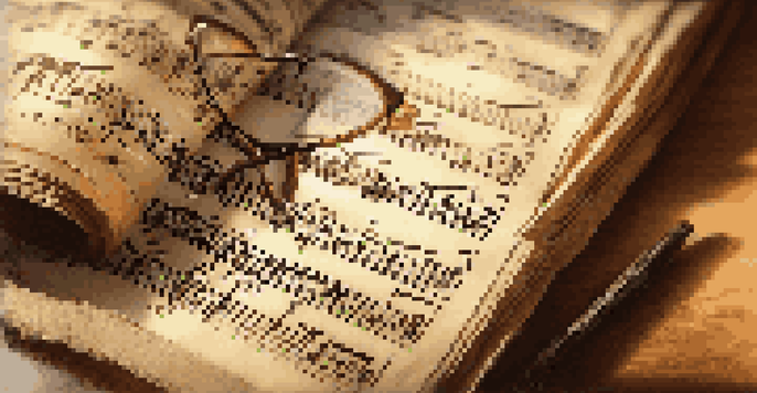 A close-up view of a vintage musical score on a wooden table, with notes and symbols visible, accompanied by glasses.