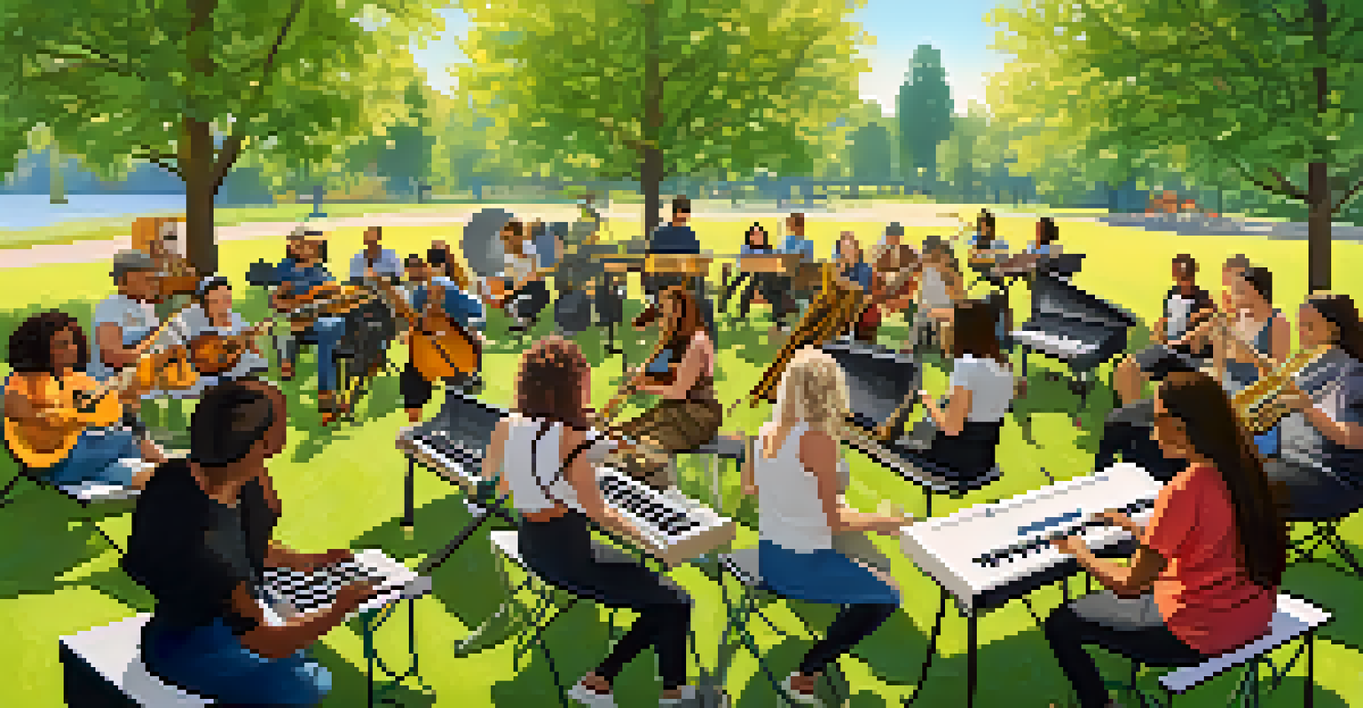 An outdoor music workshop with diverse musicians teaching and learning together in a sunny park.