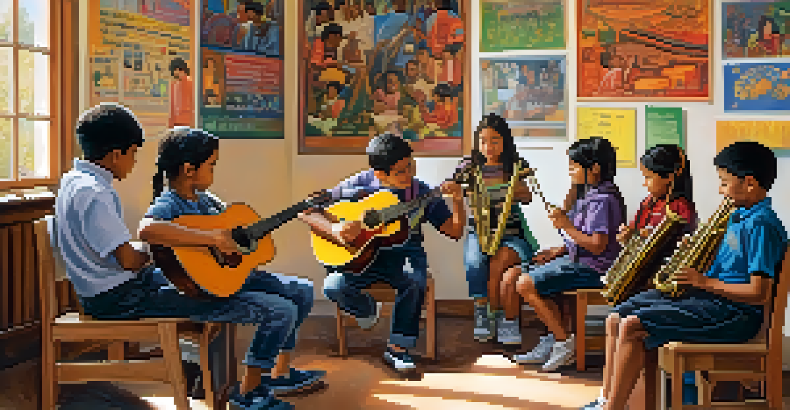 A classroom of diverse students learning music together, with instruments and cultural posters around them.