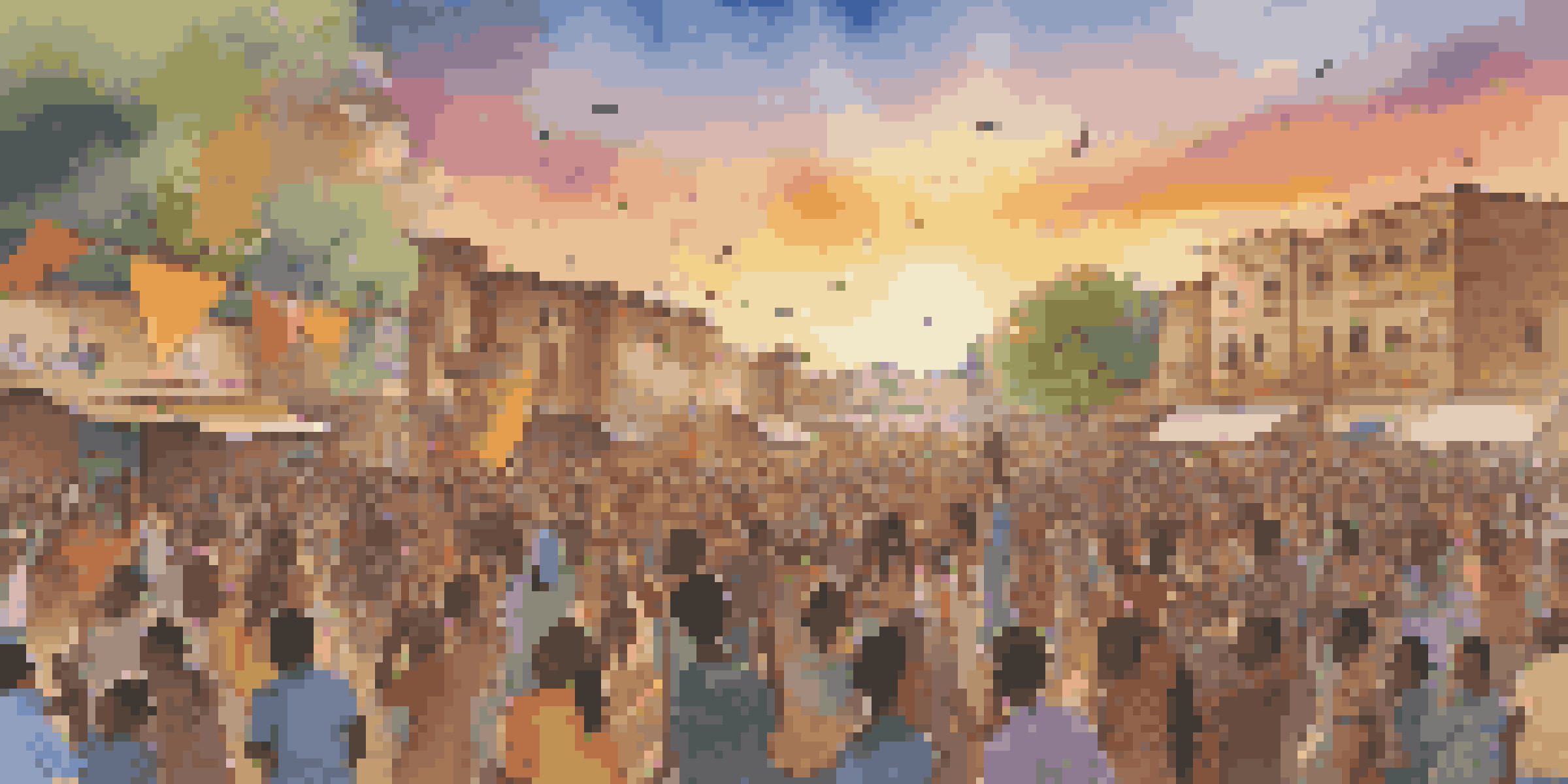 A diverse crowd enjoying a peace concert, with musicians performing on stage against a sunset backdrop.