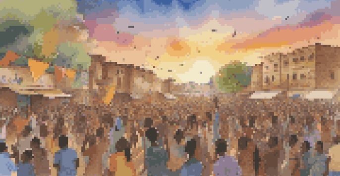 A diverse crowd enjoying a peace concert, with musicians performing on stage against a sunset backdrop.