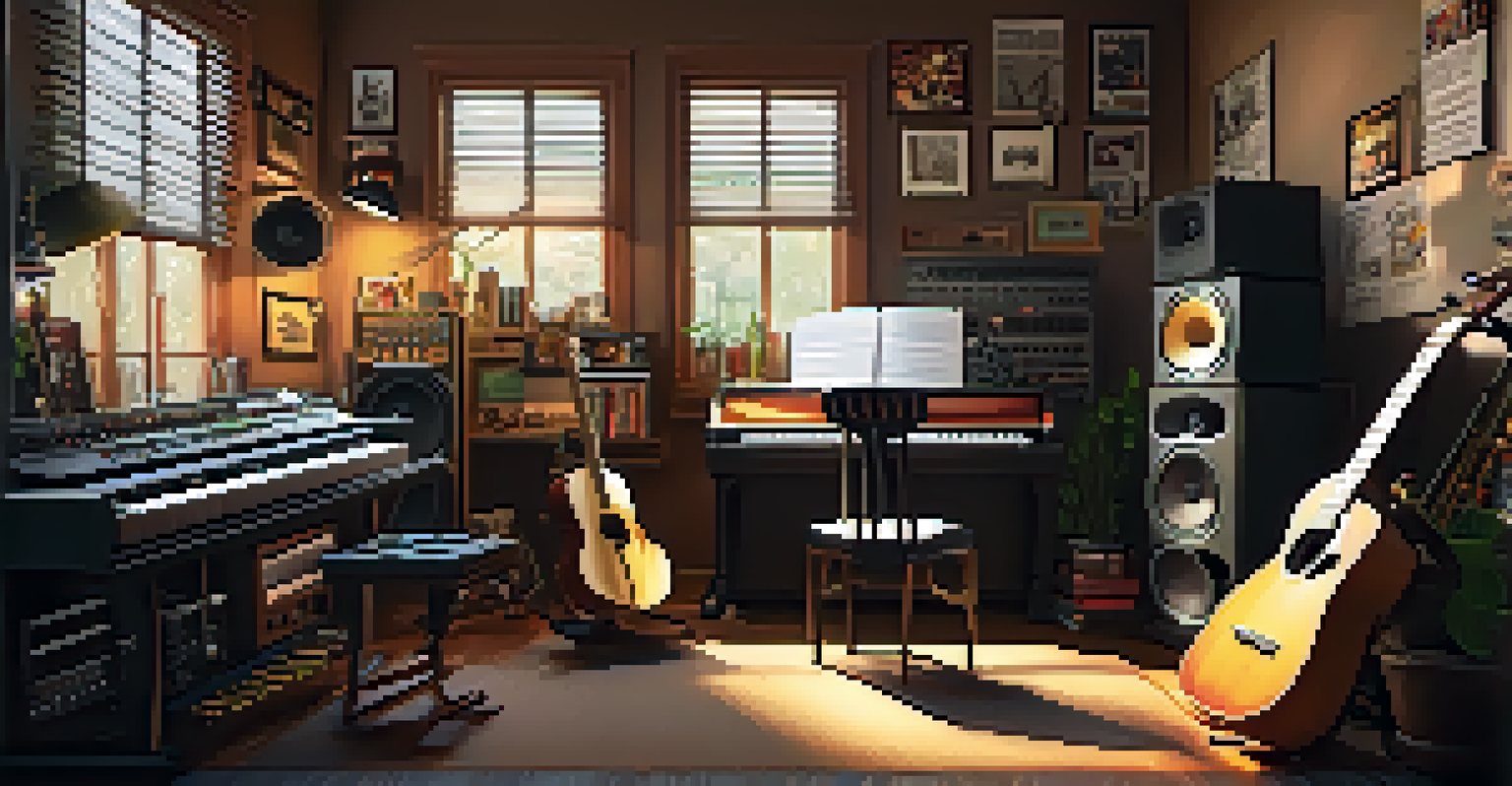 A musician composing music in a cozy studio filled with instruments and recording equipment, illuminated by warm lighting.