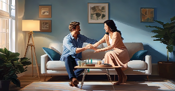 A couple dancing in a cozy living room, surrounded by warm lighting and comfortable furniture.