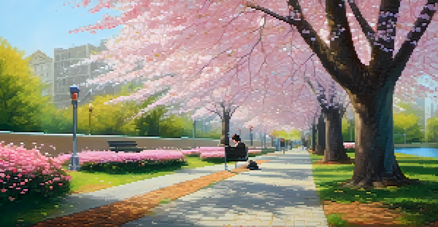 A peaceful memory lane with cherry blossom trees, a young person sitting on a bench wearing headphones, surrounded by colorful flowers and falling petals.