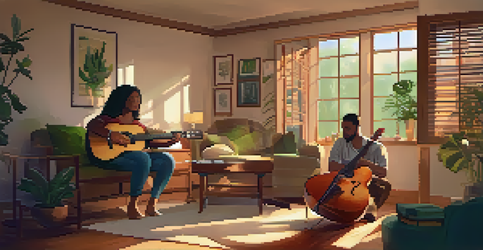 A cozy music therapy session with a therapist and a client surrounded by musical instruments, in a softly lit room.