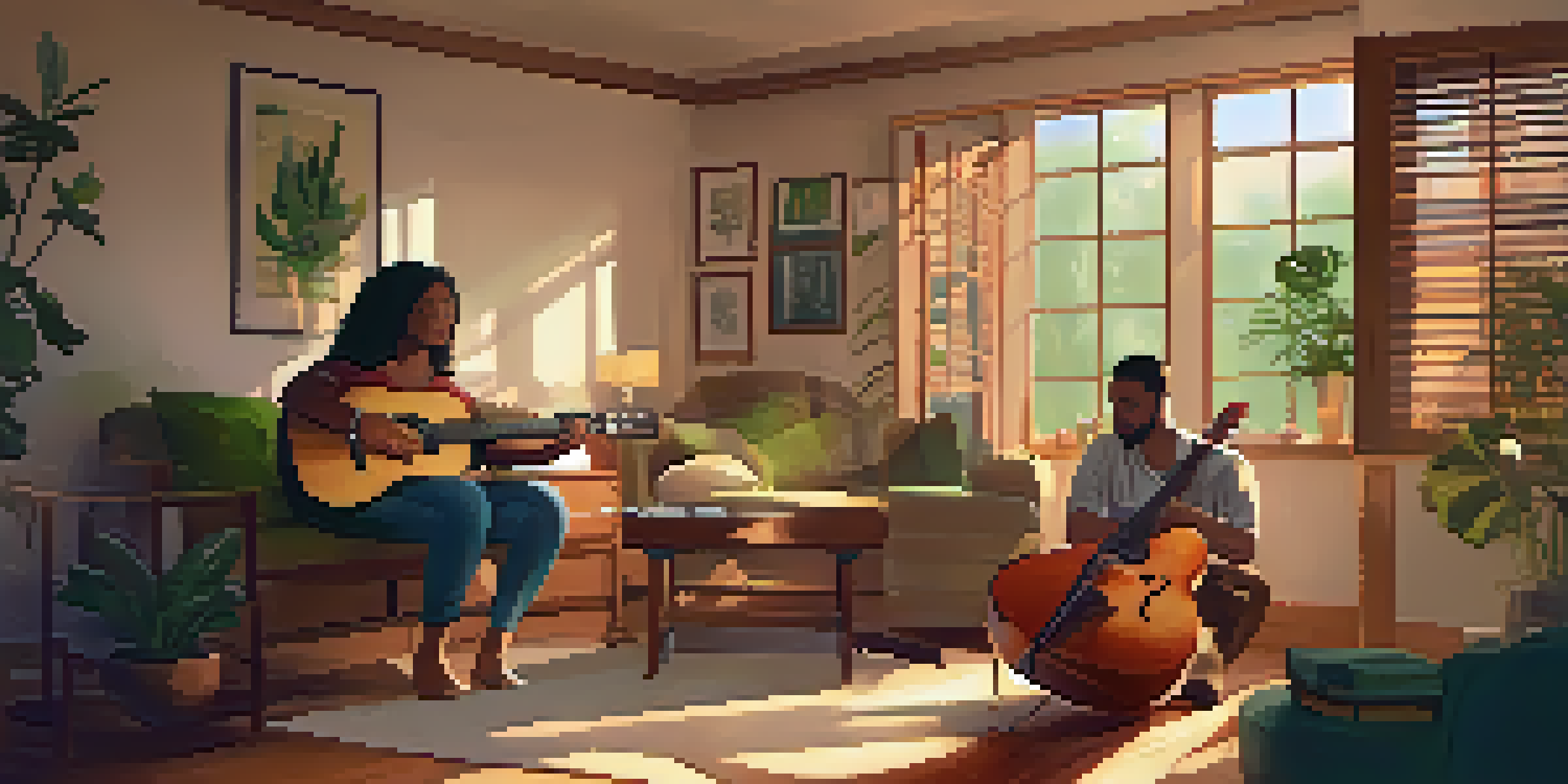 A cozy music therapy session with a therapist and a client surrounded by musical instruments, in a softly lit room.