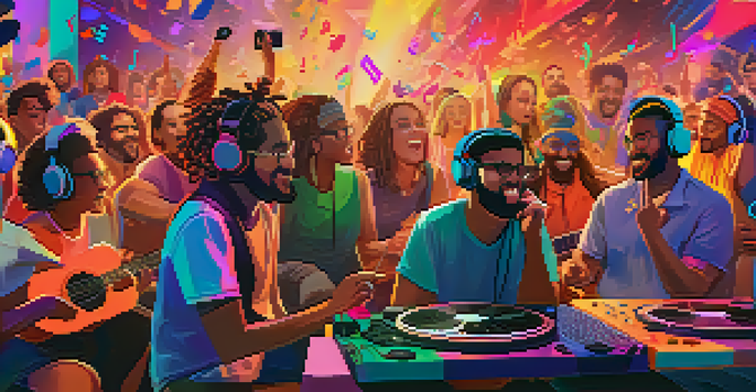 A lively virtual listening party with fans engaging online, colorful backgrounds, and musical notes.