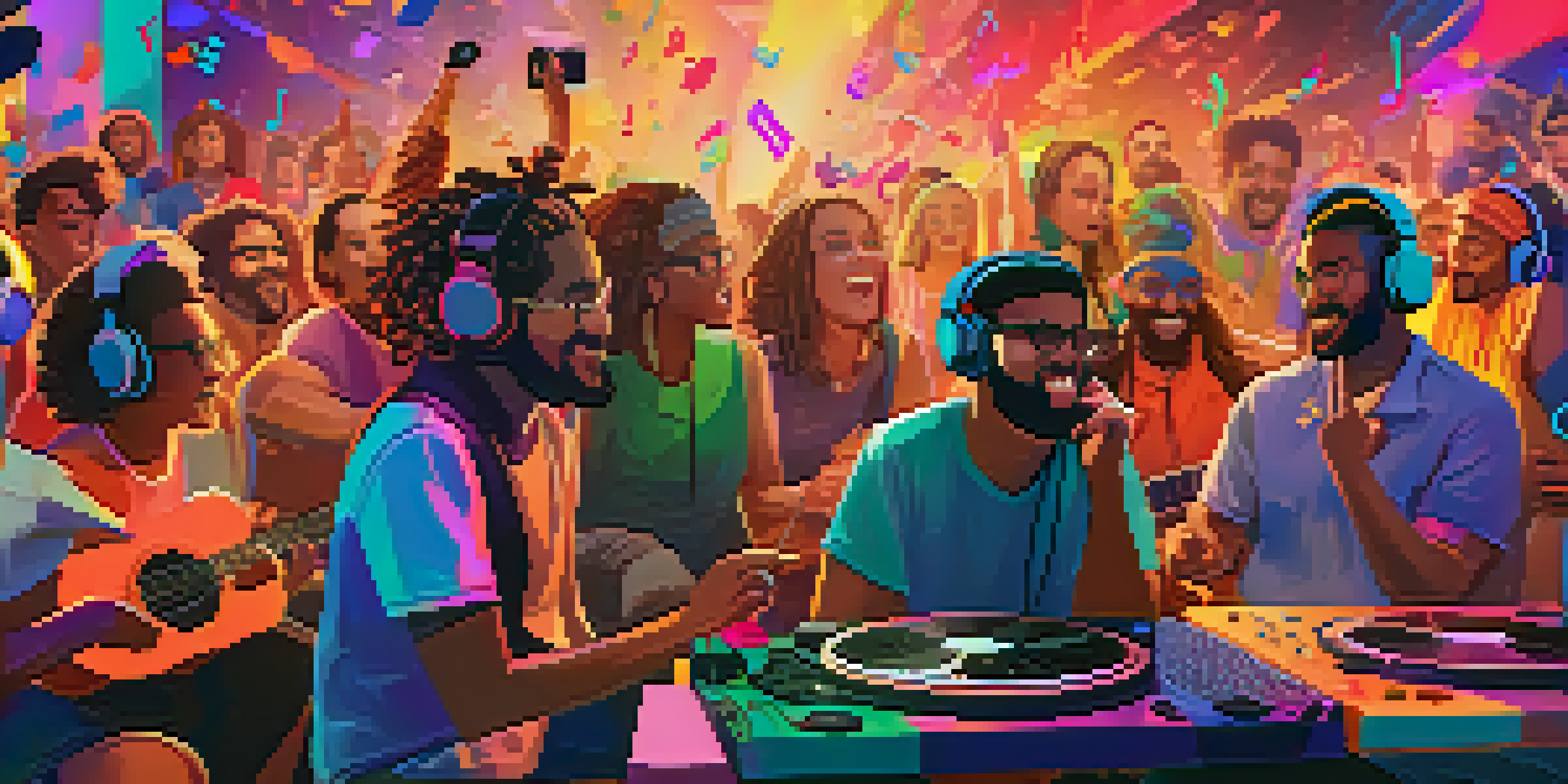 A lively virtual listening party with fans engaging online, colorful backgrounds, and musical notes.