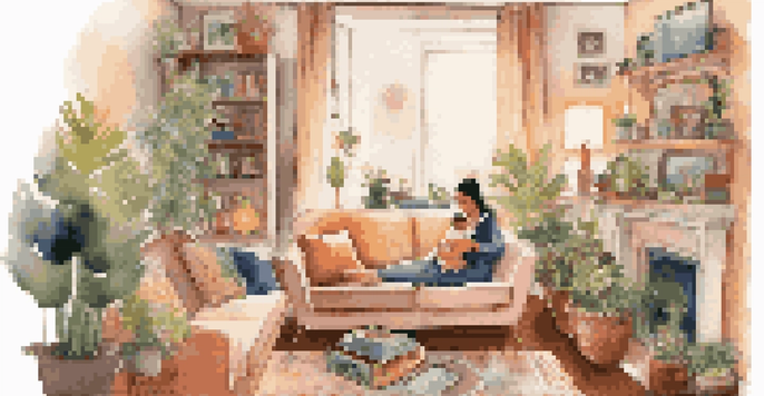 A new mother sitting on a sofa holding her baby, listening to music on a record player in a cozy living room.