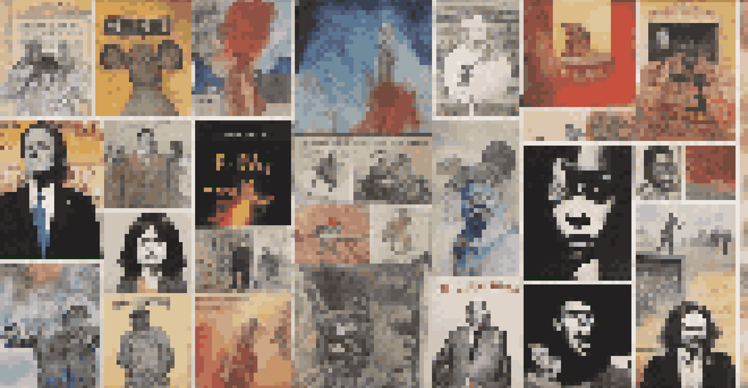 A collage of illustrated album covers of famous protest songs, each with distinct art styles and colors on a textured canvas background.