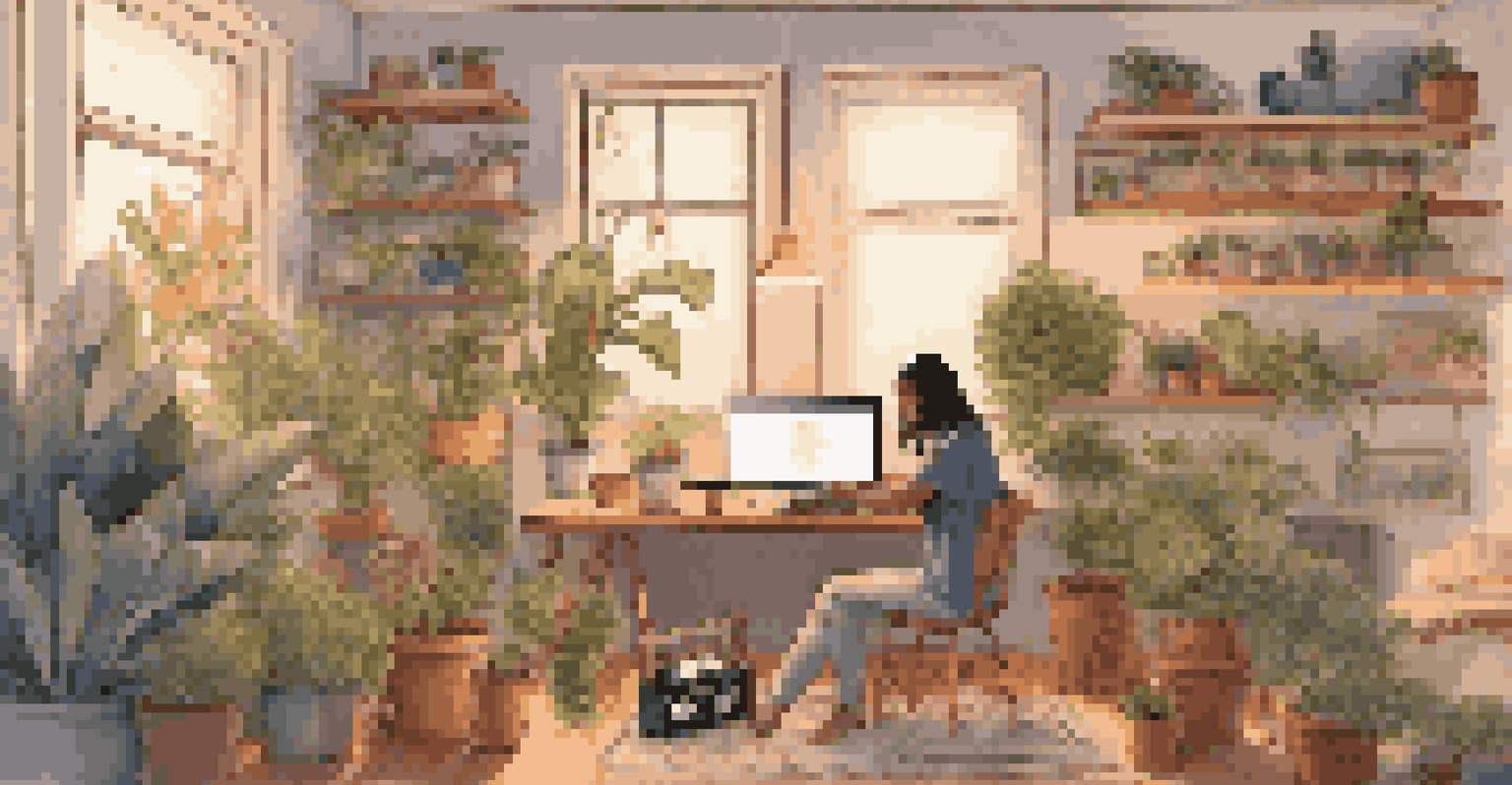 A person creating a music playlist on a laptop in a cozy room filled with vinyl records and plants.