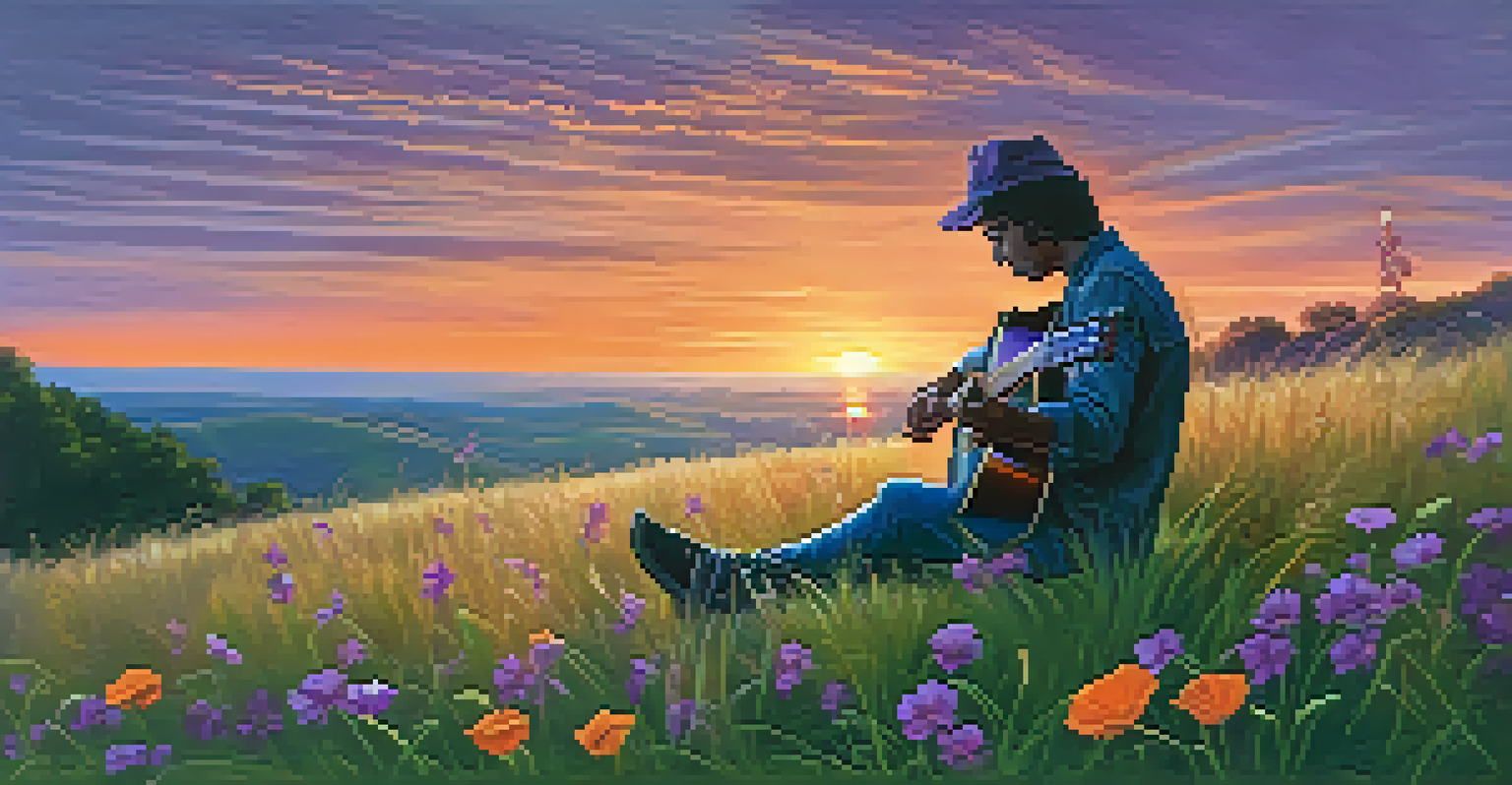A guitarist sitting on a hill at sunset, playing an acoustic guitar with colorful sky and natural surroundings.