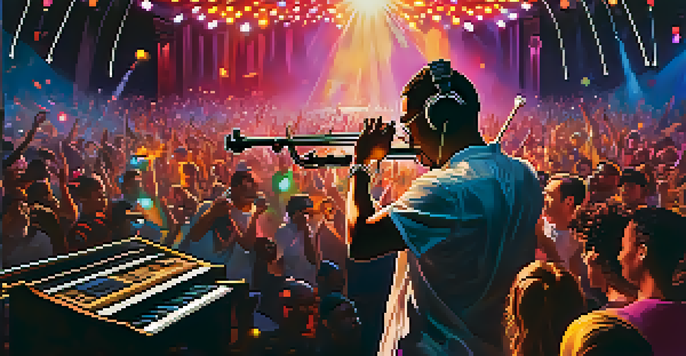 A lively concert with a classical violinist and a hip-hop DJ performing together on stage, with colorful lights and a cheering audience.