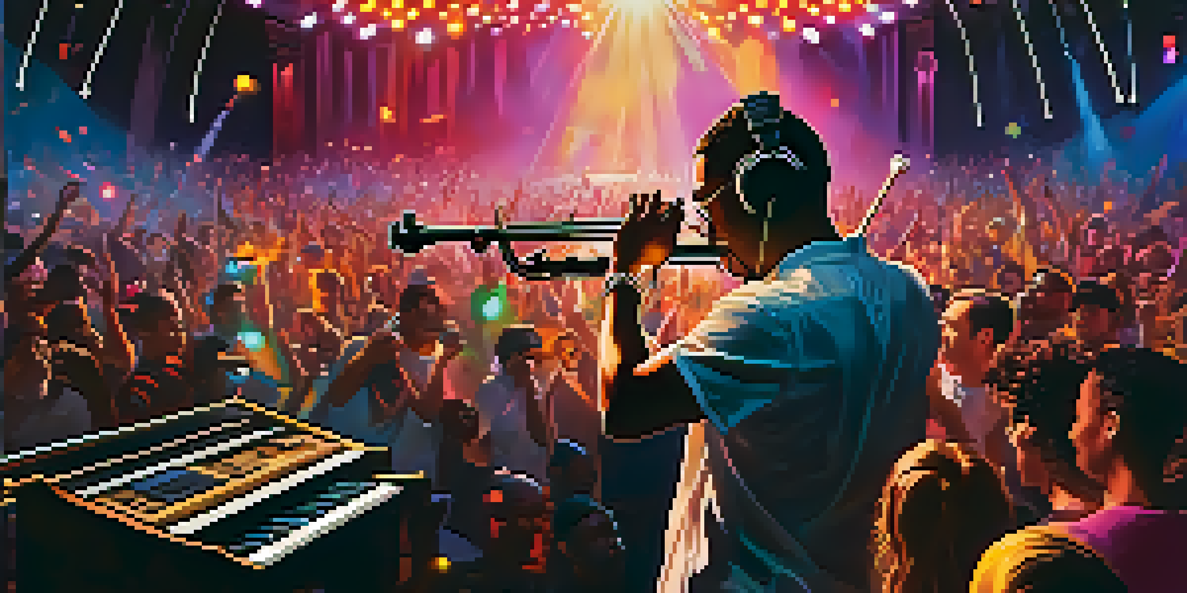 A lively concert with a classical violinist and a hip-hop DJ performing together on stage, with colorful lights and a cheering audience.