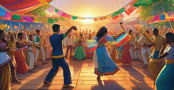 A lively festival with musicians and people of different cultures dancing together, under colorful decorations and a warm sunset.